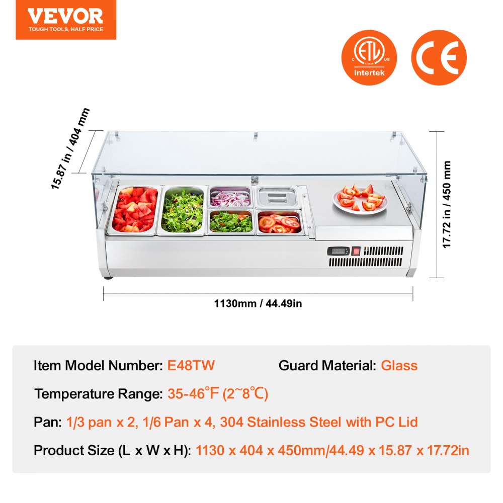 VEVOR Refrigerated Condiment Prep Station, 135 W Countertop Refrigerated Condiment Station, with 2 1/3 Pans & 4 1/6 Pans, 304 Stainless Body and PC Lid, Sandwich Prep Table with Glass Guard, ETL 