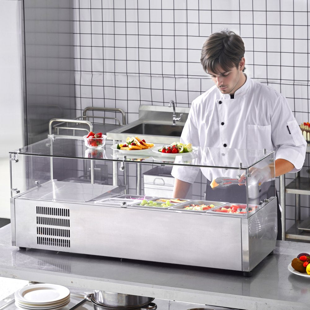 VEVOR Refrigerated Condiment Prep Station, 135 W Countertop Refrigerated Condiment Station, with 2 1/3 Pans & 4 1/6 Pans, 304 Stainless Body and PC Lid, Sandwich Prep Table with Glass Guard, ETL 