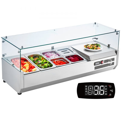 VEVOR Refrigerated Condiment Prep Station, 135 W Countertop Refrigerated Condiment Station, with 2 1/3 Pans & 4 1/6 Pans, 304 Stainless Body and PC Lid, Sandwich Prep Table with Glass Guard, ETL 