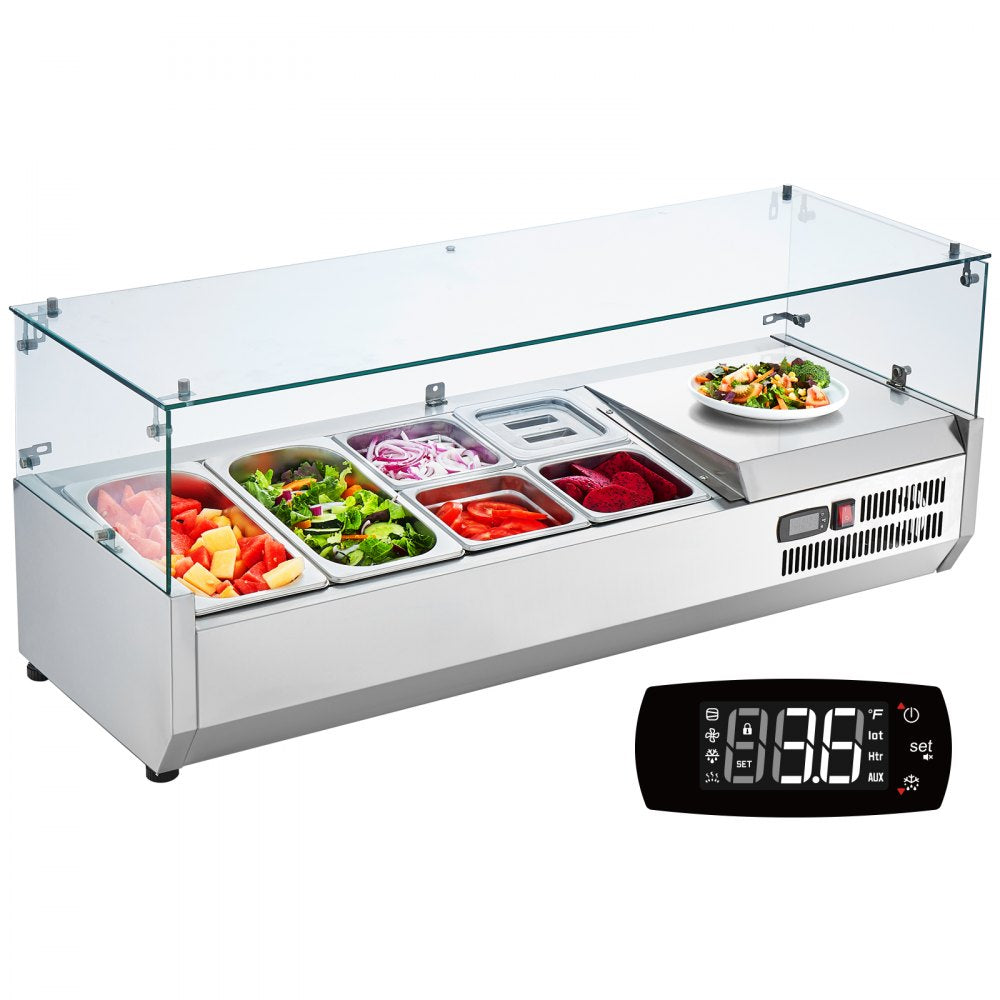 VEVOR Refrigerated Condiment Prep Station, 135 W Countertop Refrigerated Condiment Station, with 2 1/3 Pans & 4 1/6 Pans, 304 Stainless Body and PC Lid, Sandwich Prep Table with Glass Guard, ETL 