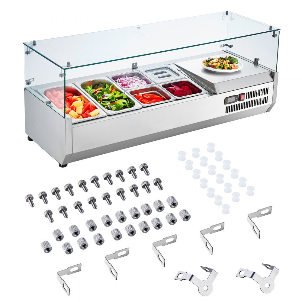 VEVOR Refrigerated Condiment Prep Station, 135 W Countertop Refrigerated Condiment Station, with 2 1/3 Pans & 4 1/6 Pans, 304 Stainless Body and PC Lid, Sandwich Prep Table with Glass Guard, ETL 