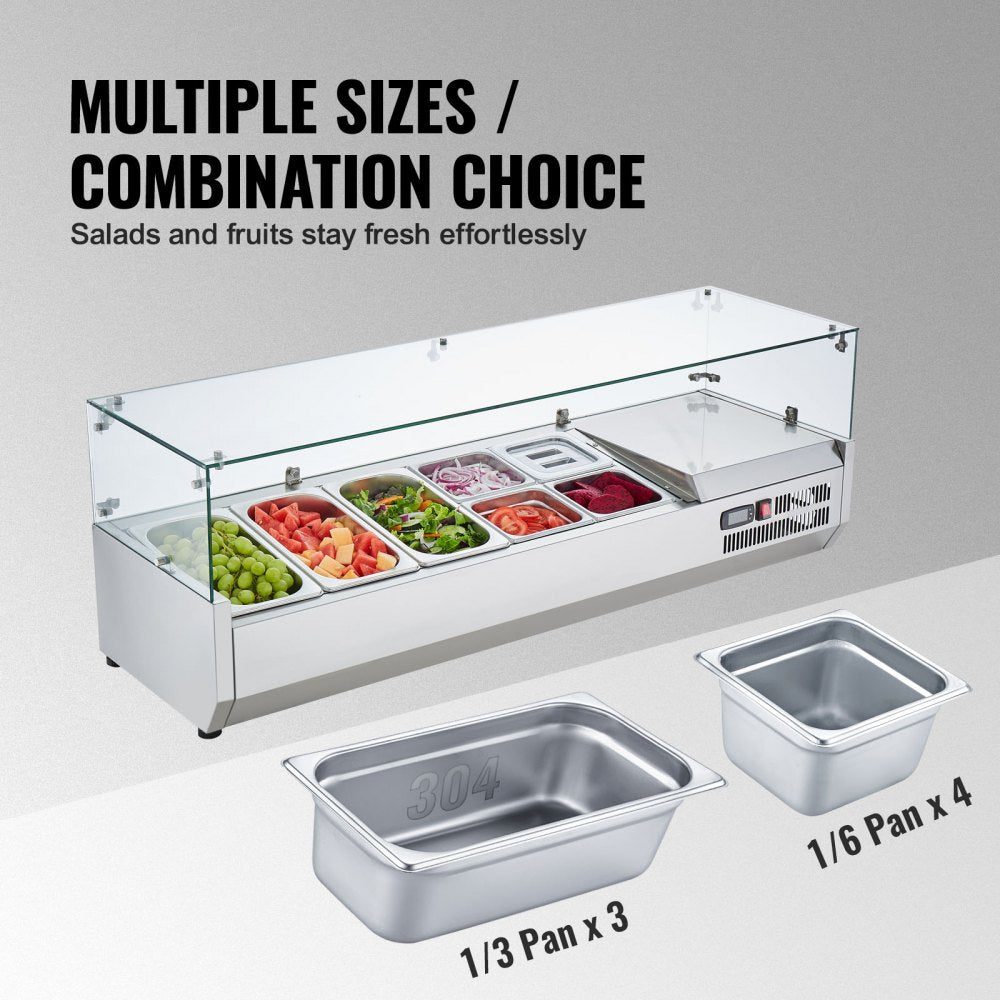 VEVOR Refrigerated Condiment Prep Station, 140 W Countertop Refrigerated Condiment Station, with 3 1/3 Pans & 4 1/6 Pans, 304 Stainless Body and PC Lid, Sandwich Prep Table with Glass Guard, ETL 