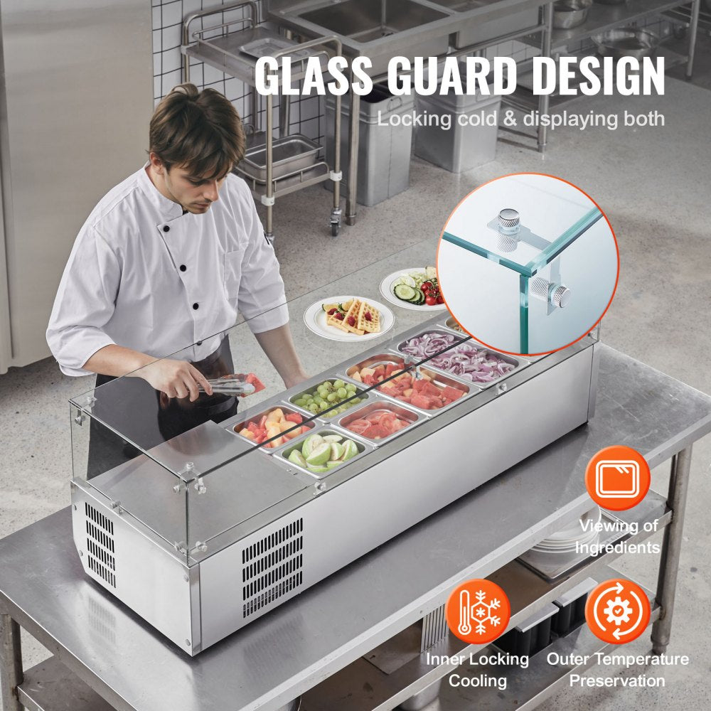 VEVOR Refrigerated Condiment Prep Station, 140 W Countertop Refrigerated Condiment Station, with 3 1/3 Pans & 4 1/6 Pans, 304 Stainless Body and PC Lid, Sandwich Prep Table with Glass Guard, ETL 