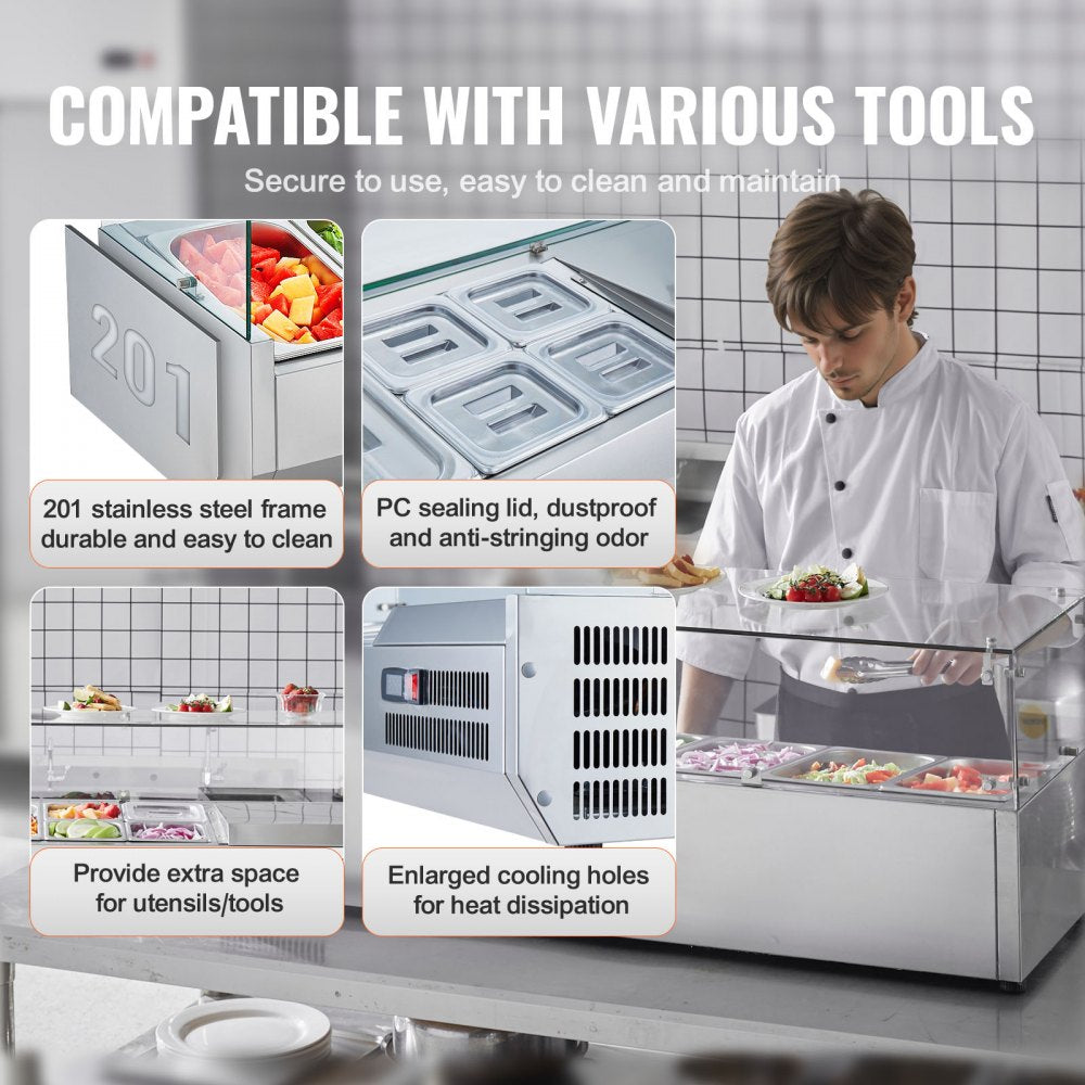 VEVOR Refrigerated Condiment Prep Station, 140 W Countertop Refrigerated Condiment Station, with 3 1/3 Pans & 4 1/6 Pans, 304 Stainless Body and PC Lid, Sandwich Prep Table with Glass Guard, ETL 