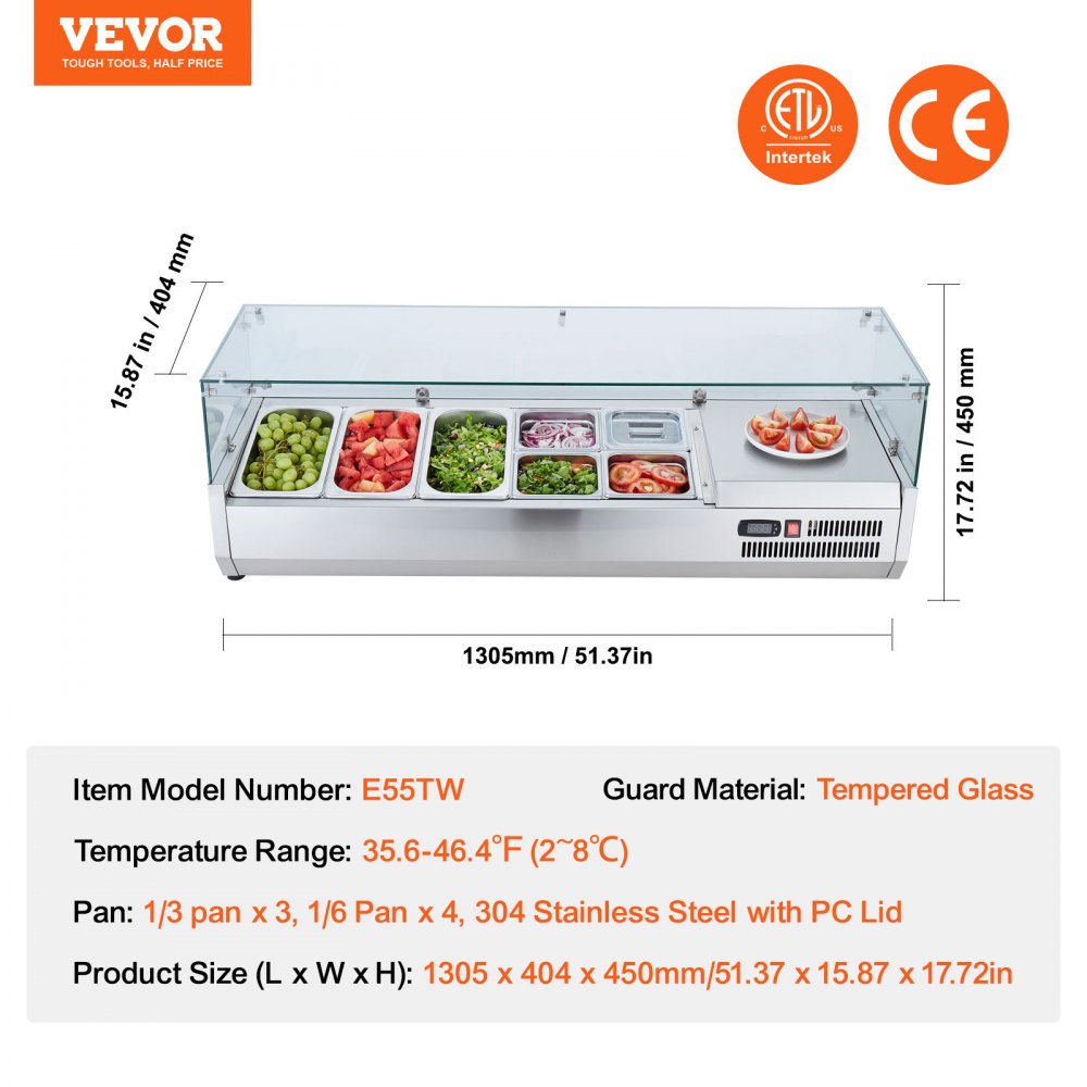 VEVOR Refrigerated Condiment Prep Station, 140 W Countertop Refrigerated Condiment Station, with 3 1/3 Pans & 4 1/6 Pans, 304 Stainless Body and PC Lid, Sandwich Prep Table with Glass Guard, ETL 