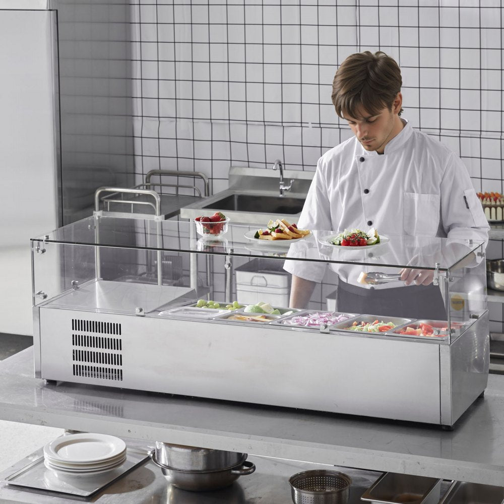 VEVOR Refrigerated Condiment Prep Station, 140 W Countertop Refrigerated Condiment Station, with 3 1/3 Pans & 4 1/6 Pans, 304 Stainless Body and PC Lid, Sandwich Prep Table with Glass Guard, ETL 