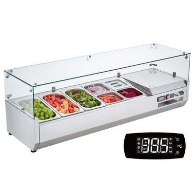 VEVOR Refrigerated Condiment Prep Station, 140 W Countertop Refrigerated Condiment Station, with 3 1/3 Pans & 4 1/6 Pans, 304 Stainless Body and PC Lid, Sandwich Prep Table with Glass Guard, ETL 