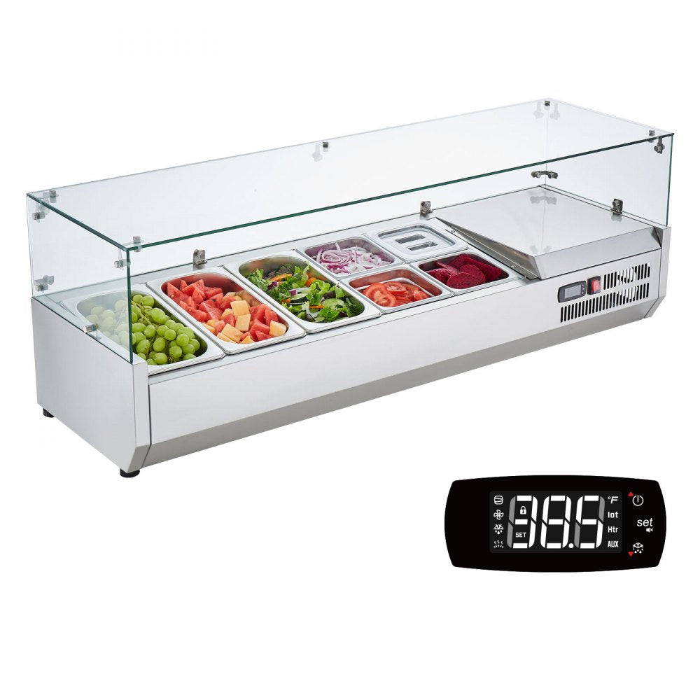VEVOR Refrigerated Condiment Prep Station, 140 W Countertop Refrigerated Condiment Station, with 3 1/3 Pans & 4 1/6 Pans, 304 Stainless Body and PC Lid, Sandwich Prep Table with Glass Guard, ETL 