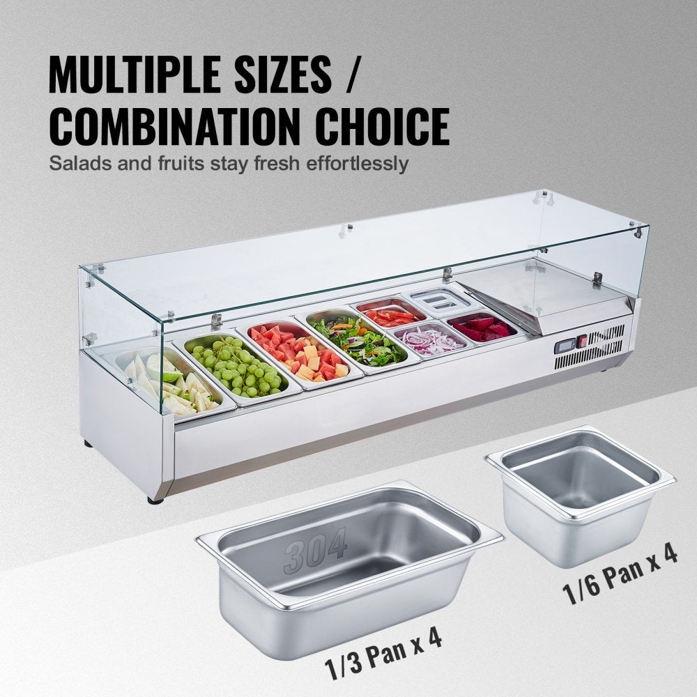 VEVOR Refrigerated Condiment Prep Station, 150 W Countertop Refrigerated Condiment Station, with 4 1/3 Pans & 4 1/6 Pans, 304 Stainless Body and PC Lid, Sandwich Prep Table with Glass Guard, ETL 