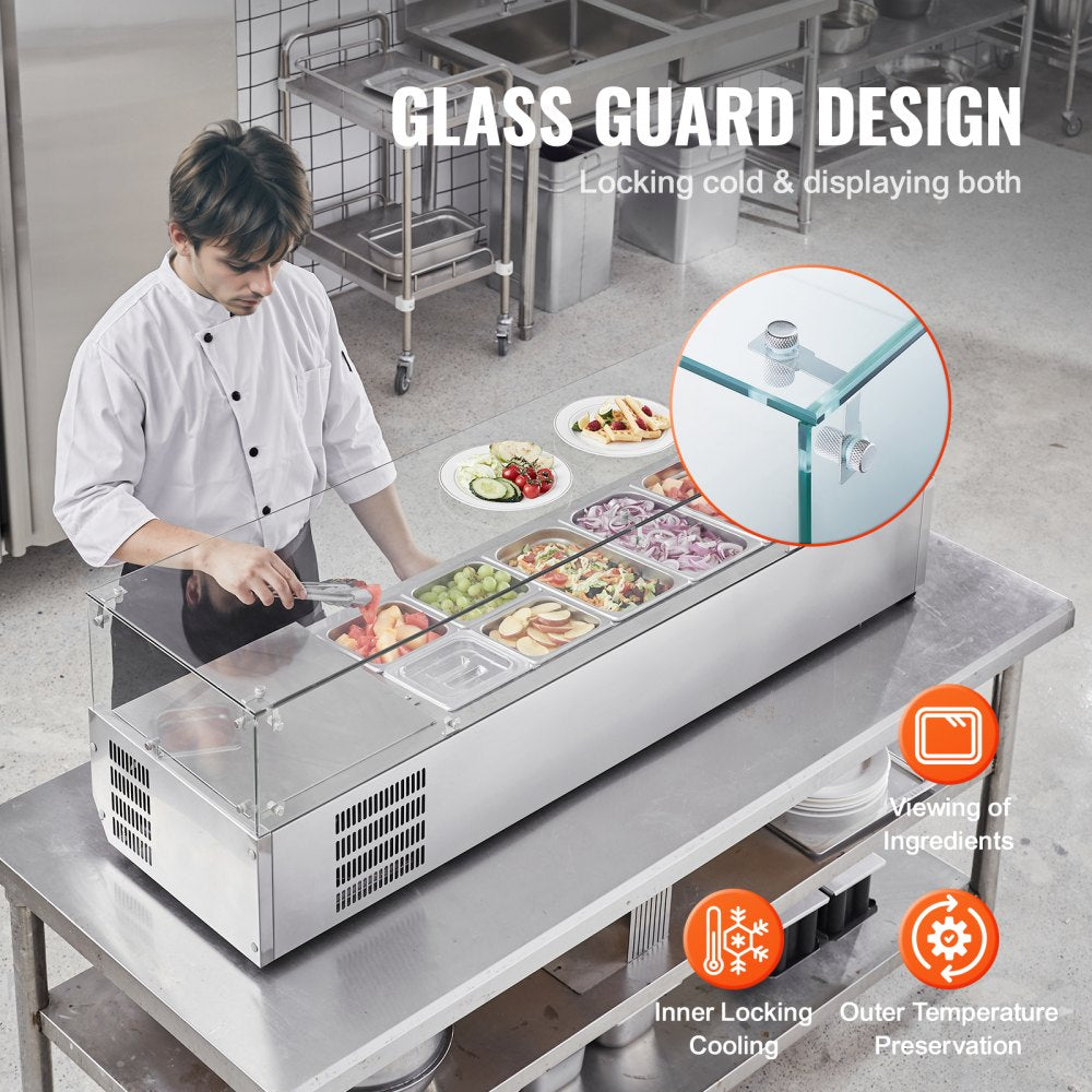 VEVOR Refrigerated Condiment Prep Station, 150 W Countertop Refrigerated Condiment Station, with 4 1/3 Pans & 4 1/6 Pans, 304 Stainless Body and PC Lid, Sandwich Prep Table with Glass Guard, ETL 