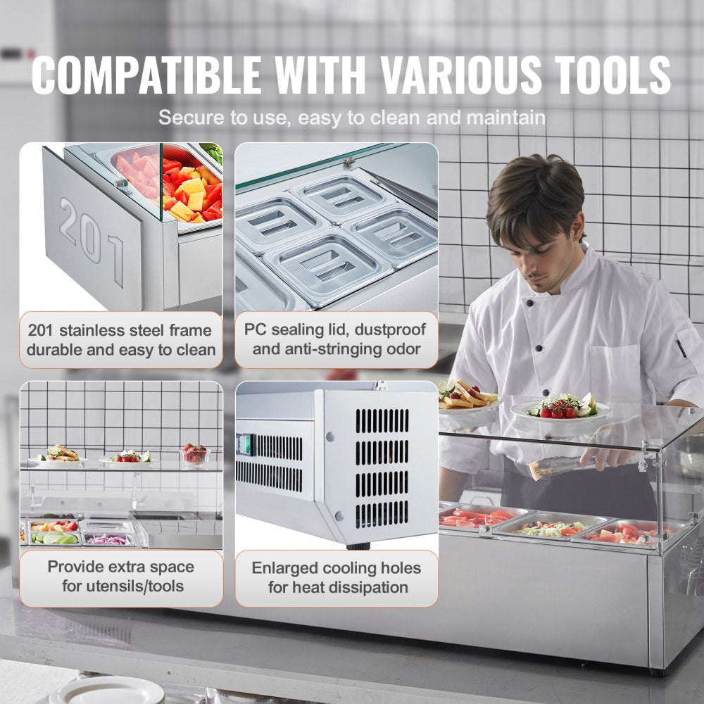VEVOR Refrigerated Condiment Prep Station, 150 W Countertop Refrigerated Condiment Station, with 4 1/3 Pans & 4 1/6 Pans, 304 Stainless Body and PC Lid, Sandwich Prep Table with Glass Guard, ETL 
