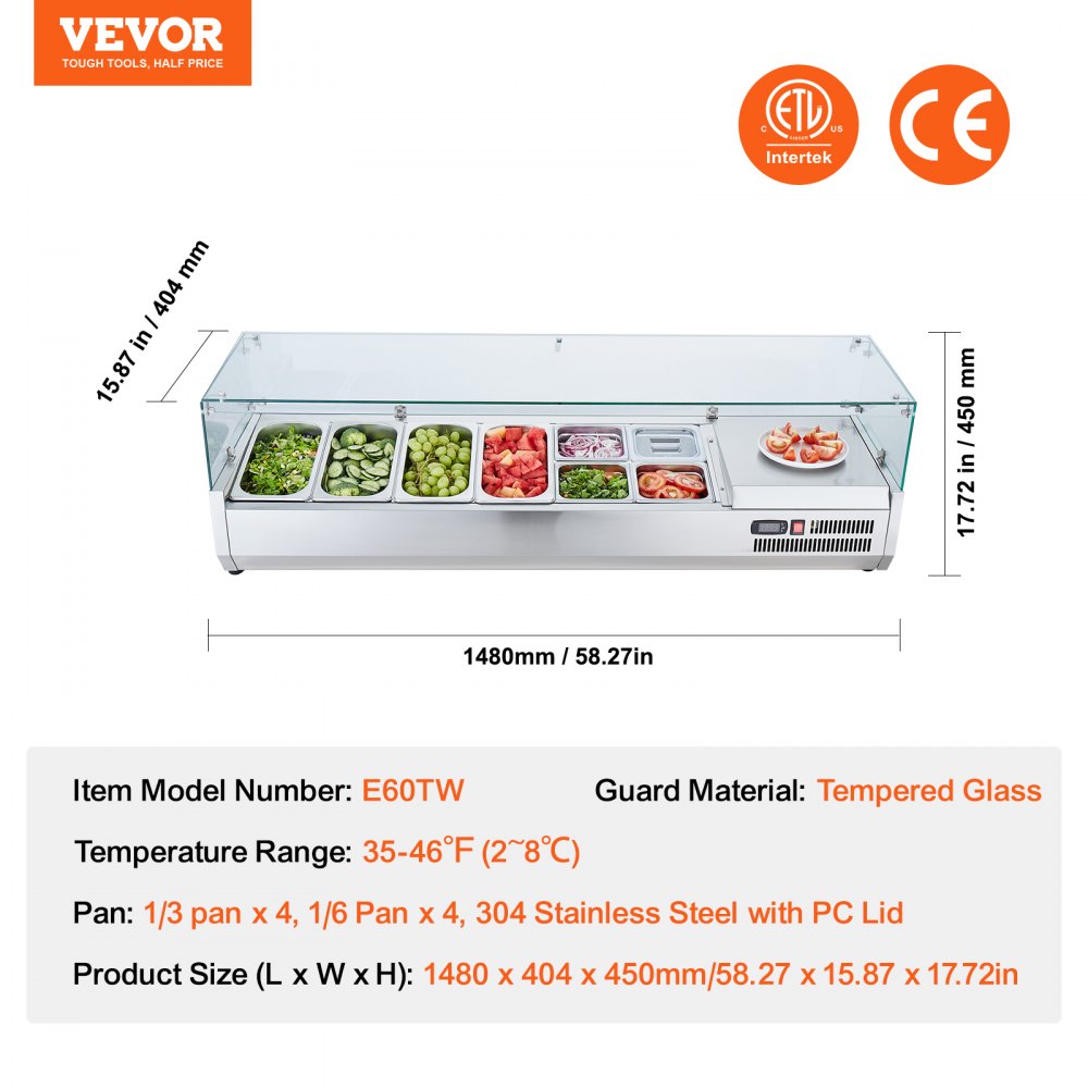 VEVOR Refrigerated Condiment Prep Station, 150 W Countertop Refrigerated Condiment Station, with 4 1/3 Pans & 4 1/6 Pans, 304 Stainless Body and PC Lid, Sandwich Prep Table with Glass Guard, ETL 