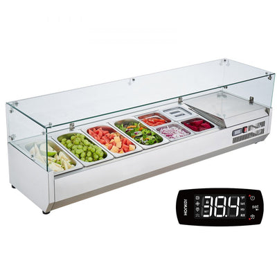 VEVOR Refrigerated Condiment Prep Station, 150 W Countertop Refrigerated Condiment Station, with 4 1/3 Pans & 4 1/6 Pans, 304 Stainless Body and PC Lid, Sandwich Prep Table with Glass Guard, ETL 