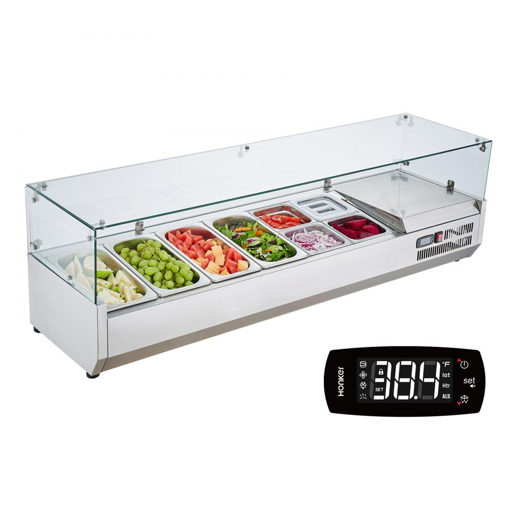 VEVOR Refrigerated Condiment Prep Station, 150 W Countertop Refrigerated Condiment Station, with 4 1/3 Pans & 4 1/6 Pans, 304 Stainless Body and PC Lid, Sandwich Prep Table with Glass Guard, ETL 