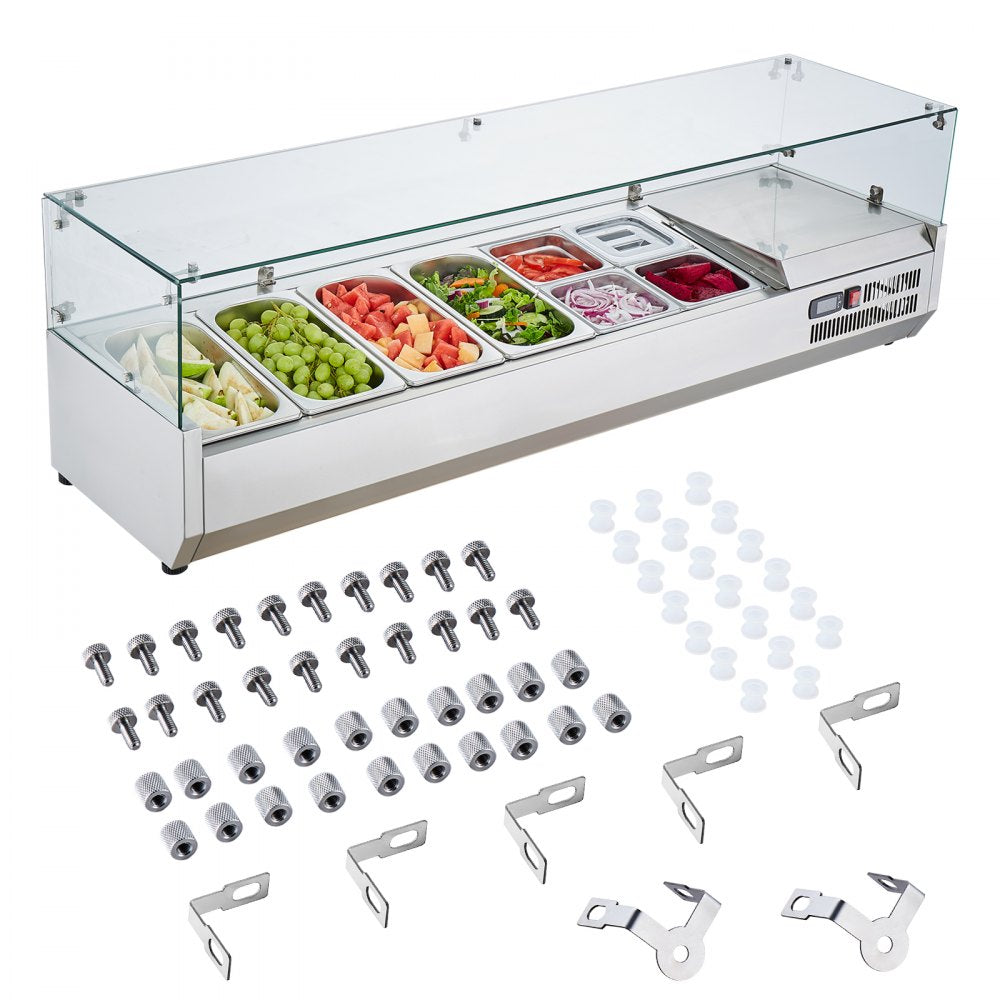 VEVOR Refrigerated Condiment Prep Station, 150 W Countertop Refrigerated Condiment Station, with 4 1/3 Pans & 4 1/6 Pans, 304 Stainless Body and PC Lid, Sandwich Prep Table with Glass Guard, ETL 