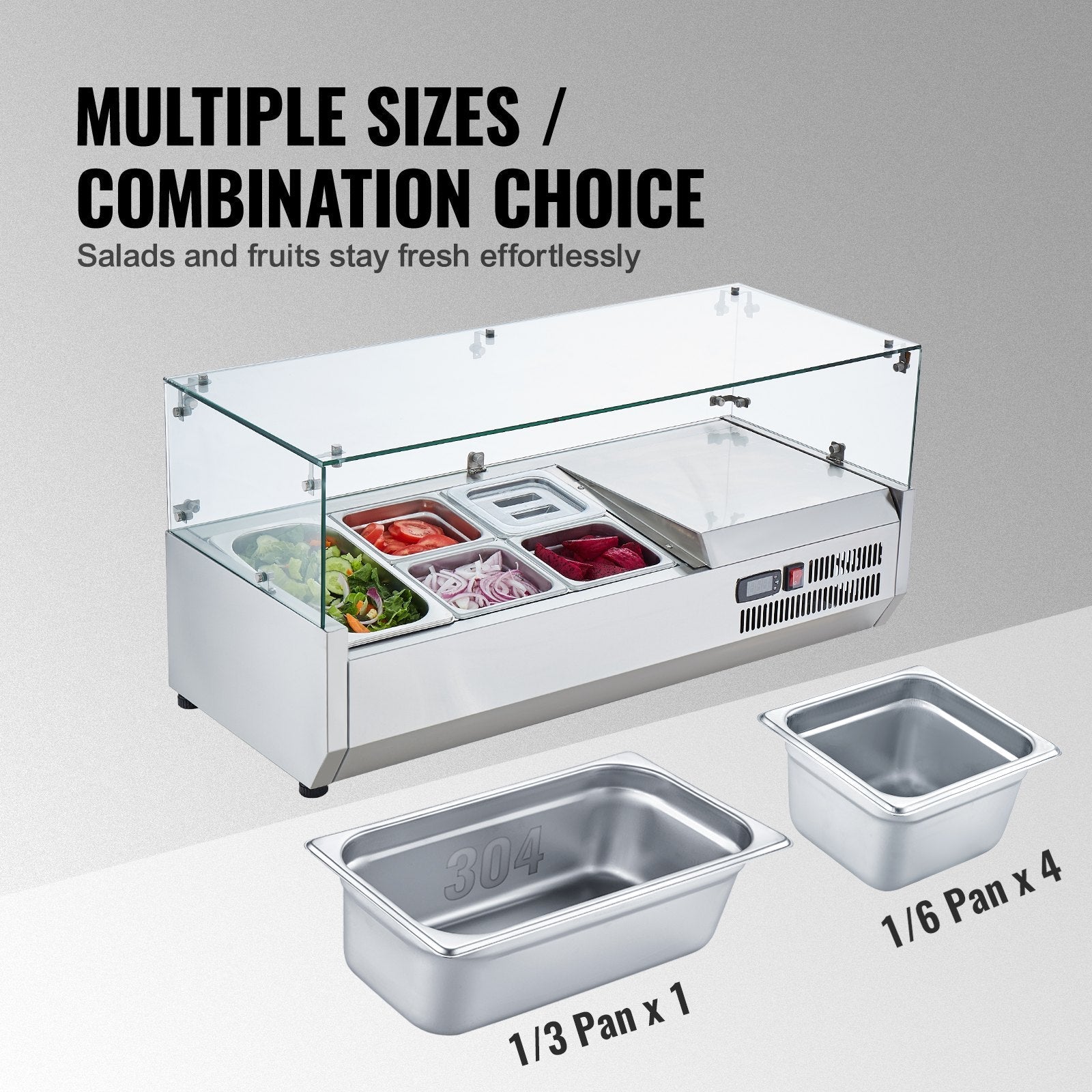 VEVOR Refrigerated Condiment Prep Station, 130 W Countertop Refrigerated Condiment Station, with 1 1/3 Pan & 4 1/6 Pans, 304 Stainless Body and PC Lid, Sandwich Prep Table with Glass Guard, ETL 