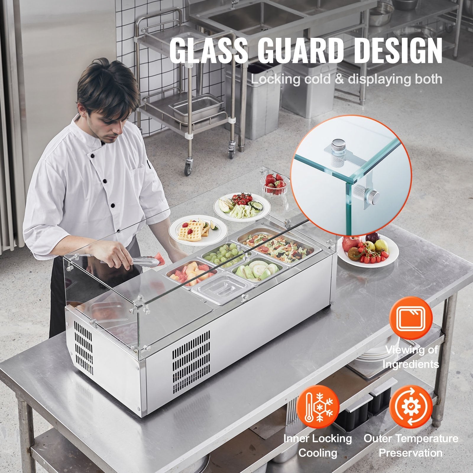 VEVOR Refrigerated Condiment Prep Station, 130 W Countertop Refrigerated Condiment Station, with 1 1/3 Pan & 4 1/6 Pans, 304 Stainless Body and PC Lid, Sandwich Prep Table with Glass Guard, ETL 