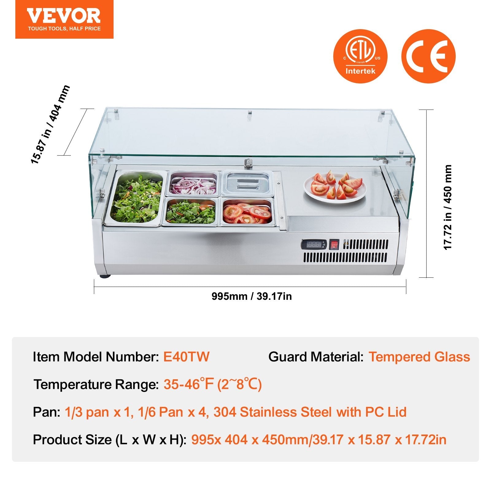 VEVOR Refrigerated Condiment Prep Station, 130 W Countertop Refrigerated Condiment Station, with 1 1/3 Pan & 4 1/6 Pans, 304 Stainless Body and PC Lid, Sandwich Prep Table with Glass Guard, ETL 