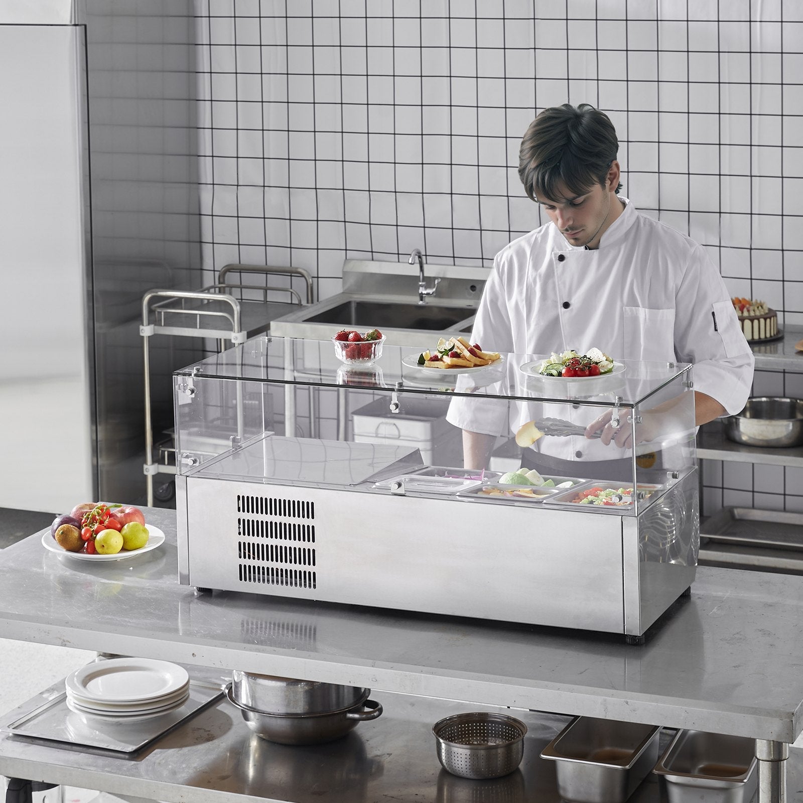 VEVOR Refrigerated Condiment Prep Station, 130 W Countertop Refrigerated Condiment Station, with 1 1/3 Pan & 4 1/6 Pans, 304 Stainless Body and PC Lid, Sandwich Prep Table with Glass Guard, ETL 