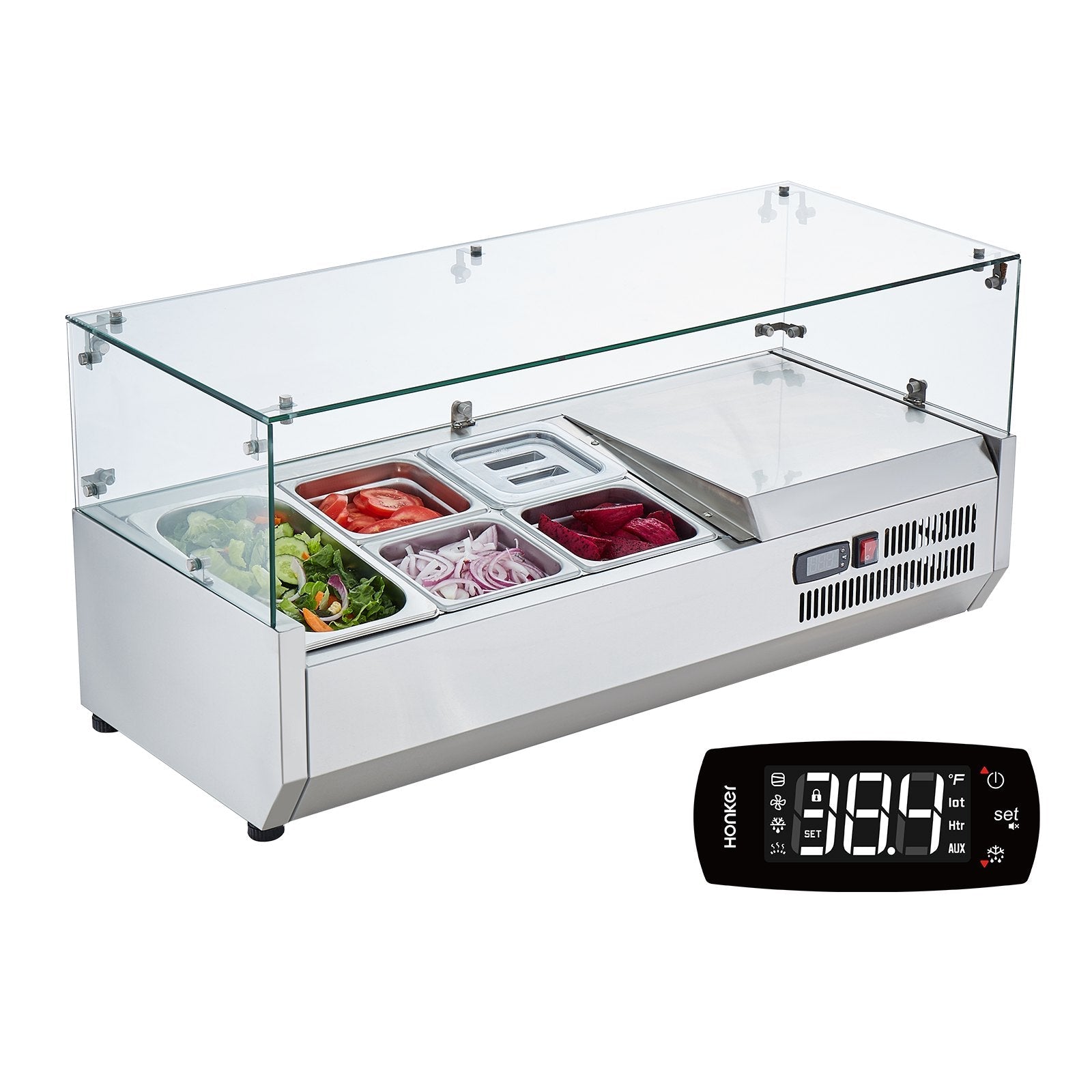 VEVOR Refrigerated Condiment Prep Station, 130 W Countertop Refrigerated Condiment Station, with 1 1/3 Pan & 4 1/6 Pans, 304 Stainless Body and PC Lid, Sandwich Prep Table with Glass Guard, ETL 