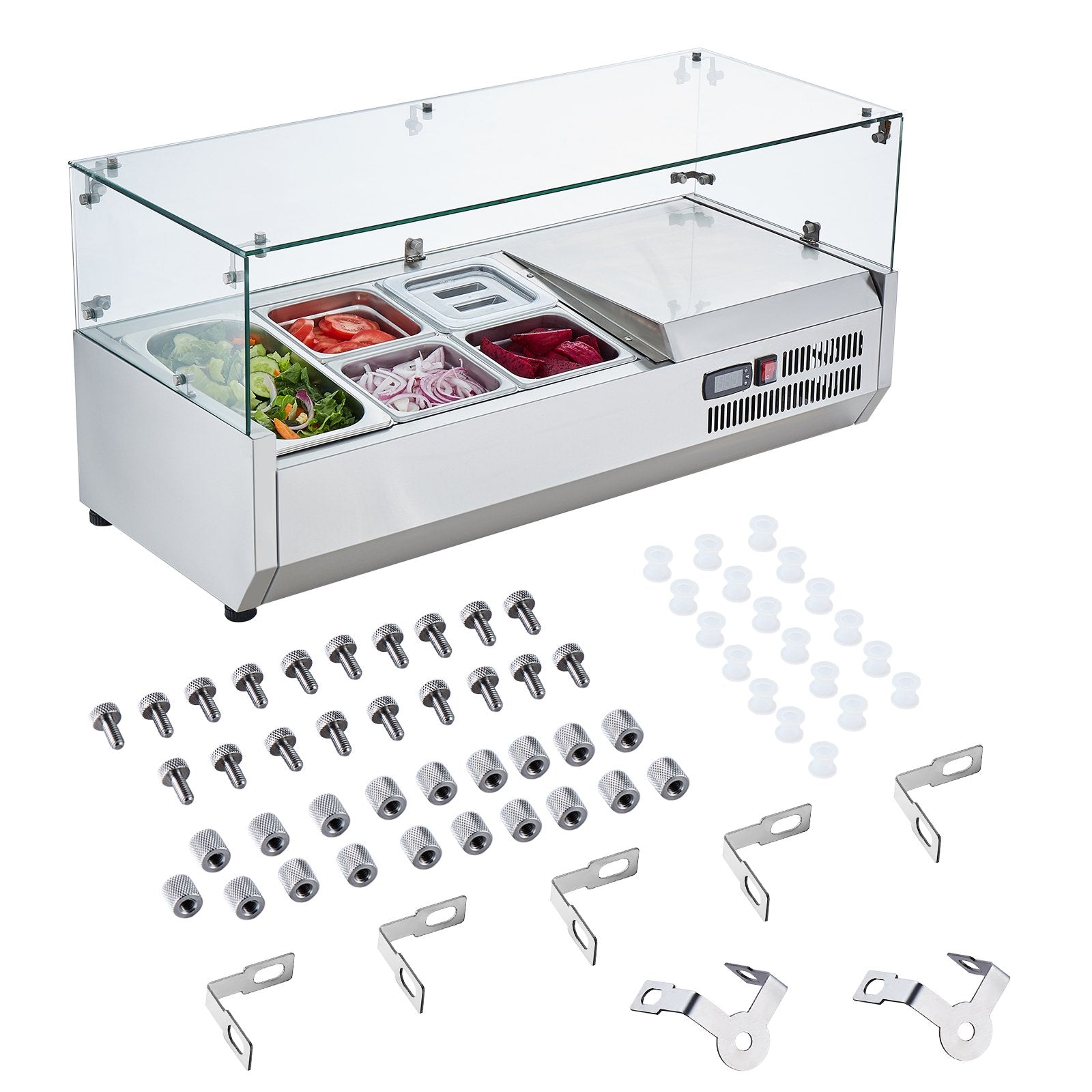 VEVOR Refrigerated Condiment Prep Station, 130 W Countertop Refrigerated Condiment Station, with 1 1/3 Pan & 4 1/6 Pans, 304 Stainless Body and PC Lid, Sandwich Prep Table with Glass Guard, ETL 