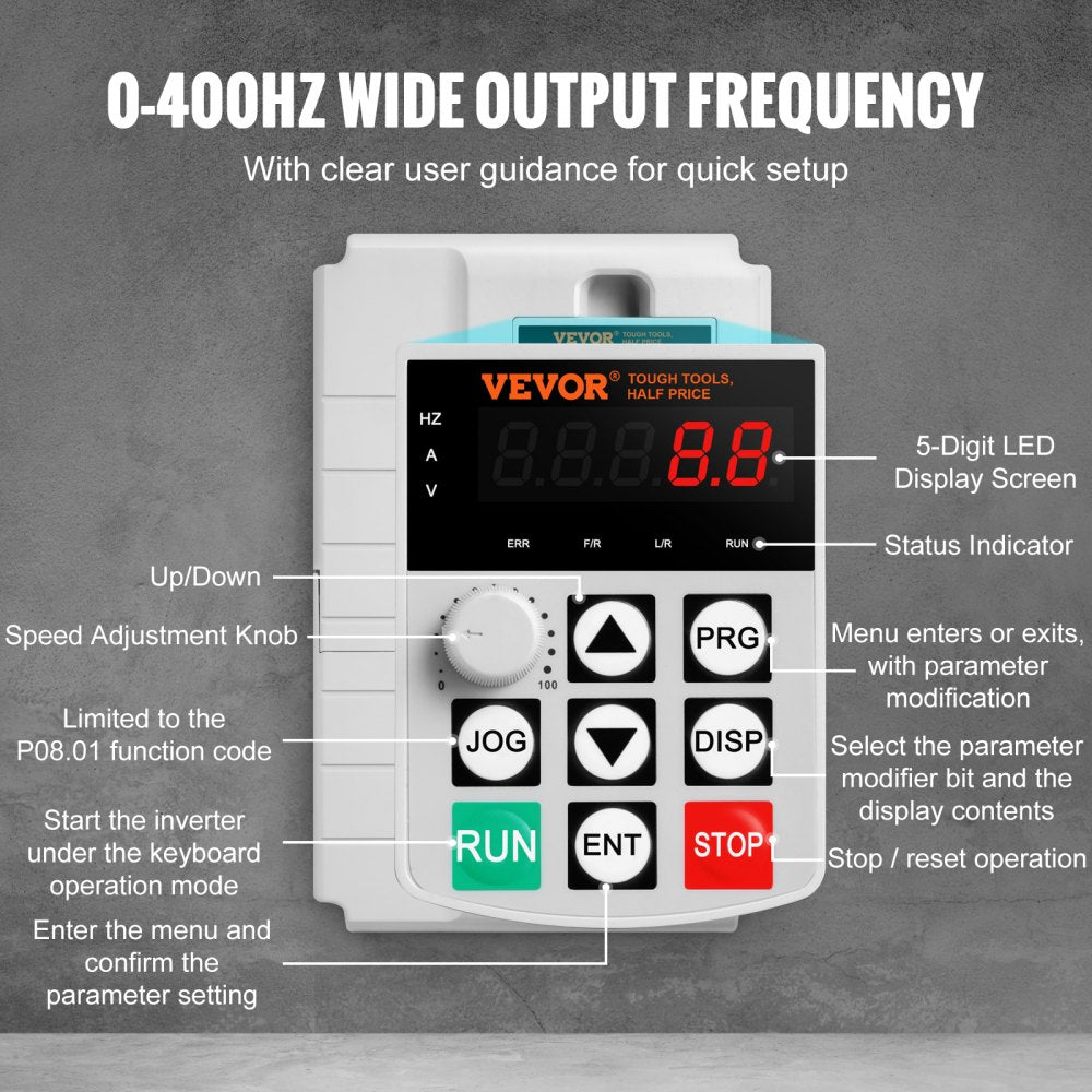 VEVOR VFD 10HP, 7.5KW, 34A, 1 Phase 220V-240V Input to 3 Phase 220V-240V Output Variable Frequency Drive, 0-400Hz VFD for AC Motor Speed Control 
