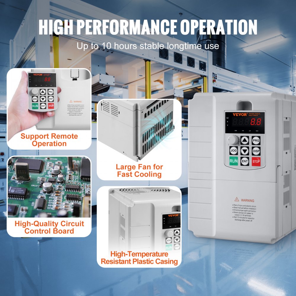 VEVOR VFD 10HP, 7.5KW, 34A, 1 Phase 220V-240V Input to 3 Phase 220V-240V Output Variable Frequency Drive, 0-400Hz VFD for AC Motor Speed Control 