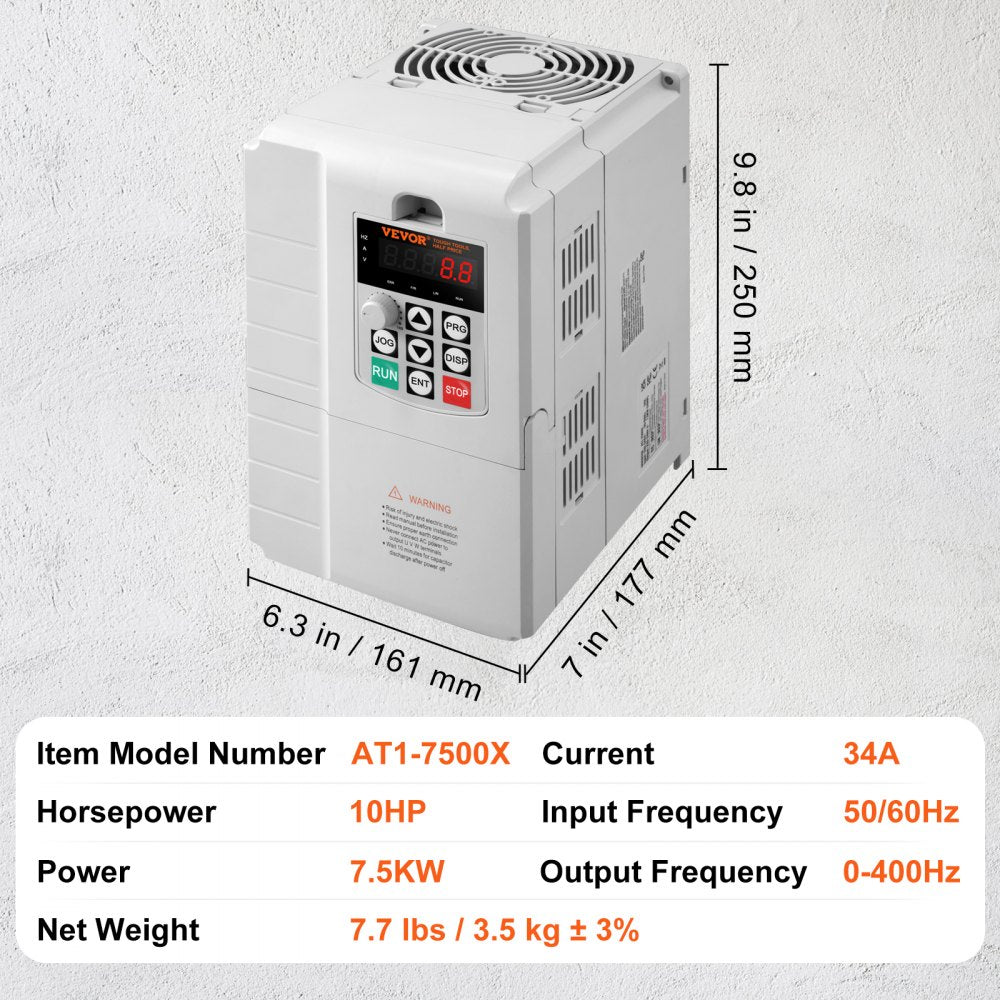 VEVOR VFD 10HP, 7.5KW, 34A, 1 Phase 220V-240V Input to 3 Phase 220V-240V Output Variable Frequency Drive, 0-400Hz VFD for AC Motor Speed Control 