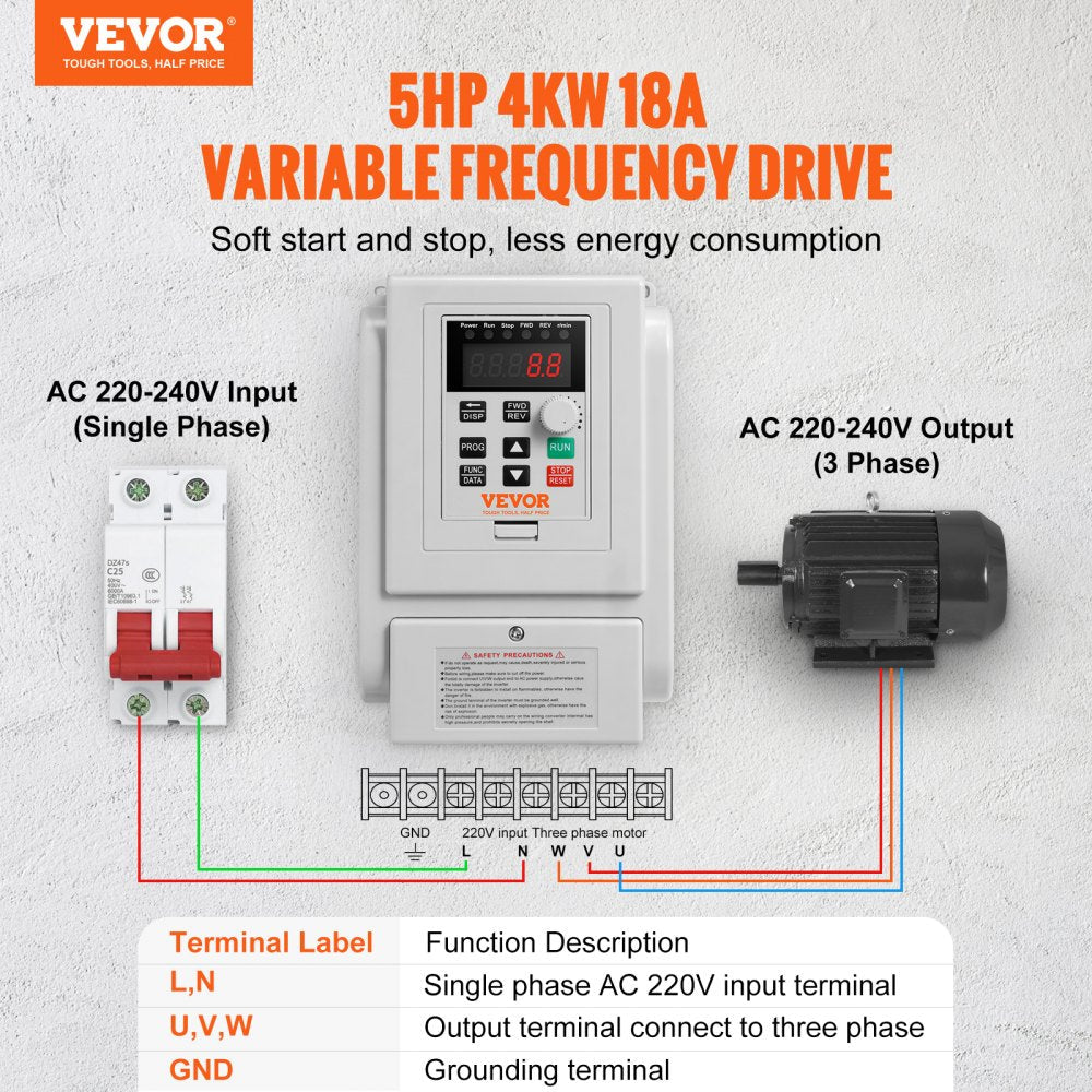 VEVOR VFD 5HP, 4KW, 18A, 1 Phase 220V-240V Input to 3 Phase 220V-240V Output Variable Frequency Drive, 0-400Hz VFD for AC Motor Speed Control 