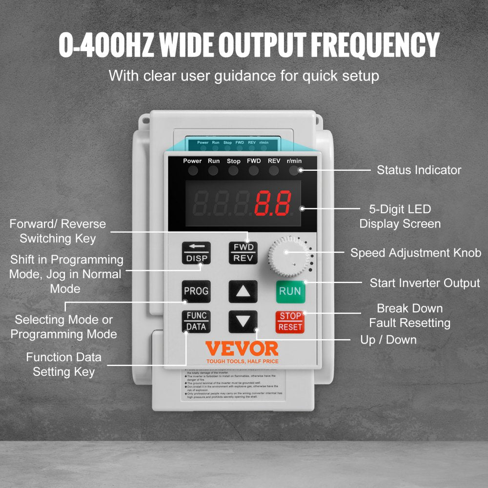 VEVOR VFD 5HP, 4KW, 18A, 1 Phase 220V-240V Input to 3 Phase 220V-240V Output Variable Frequency Drive, 0-400Hz VFD for AC Motor Speed Control 