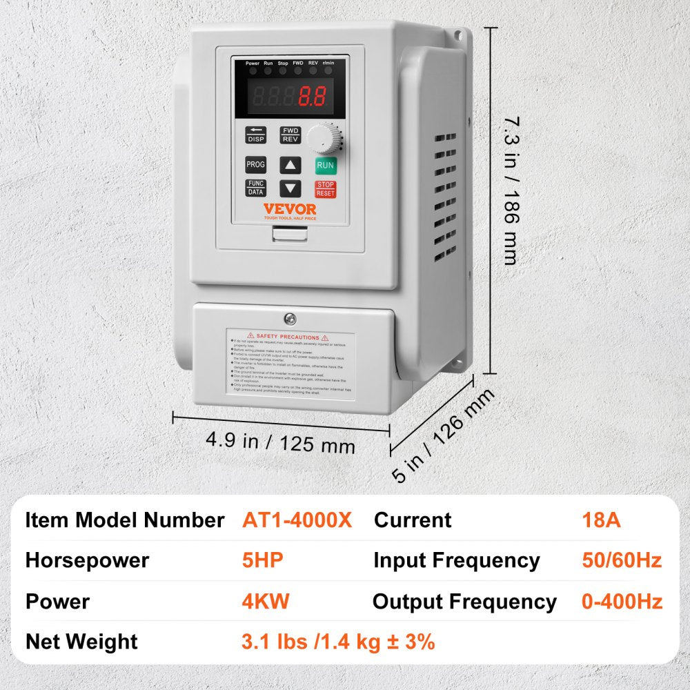 VEVOR VFD 5HP, 4KW, 18A, 1 Phase 220V-240V Input to 3 Phase 220V-240V Output Variable Frequency Drive, 0-400Hz VFD for AC Motor Speed Control 