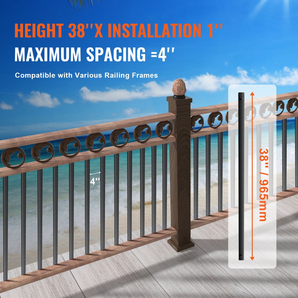 VEVOR Staircase Metal Balusters, 38'' x 1'' Flat Aluminum Alloy Decorative Banister Spindles, 72 Pack Deck Baluster with Screws, Classic Hollow Deck Railing Satin Black Powder Coated for Porch 