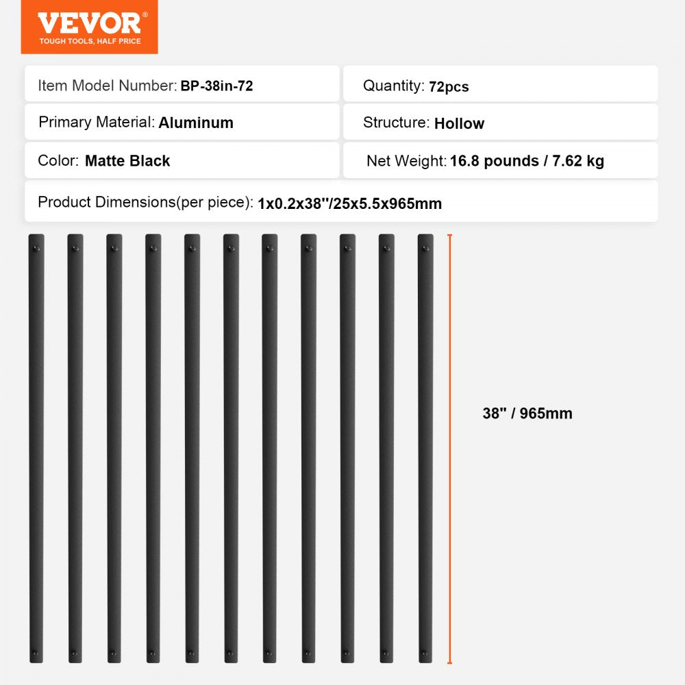 VEVOR Staircase Metal Balusters, 38'' x 1'' Flat Aluminum Alloy Decorative Banister Spindles, 72 Pack Deck Baluster with Screws, Classic Hollow Deck Railing Satin Black Powder Coated for Porch 