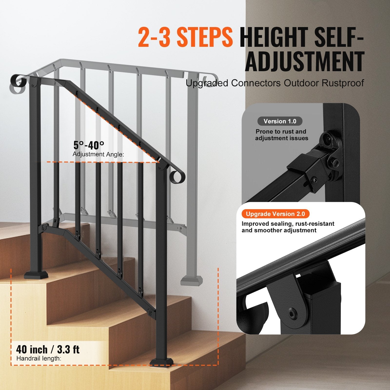 VEVOR 2-3 Step Handrails for Outdoor for Seniors Porch Deck Black Retro Arch 