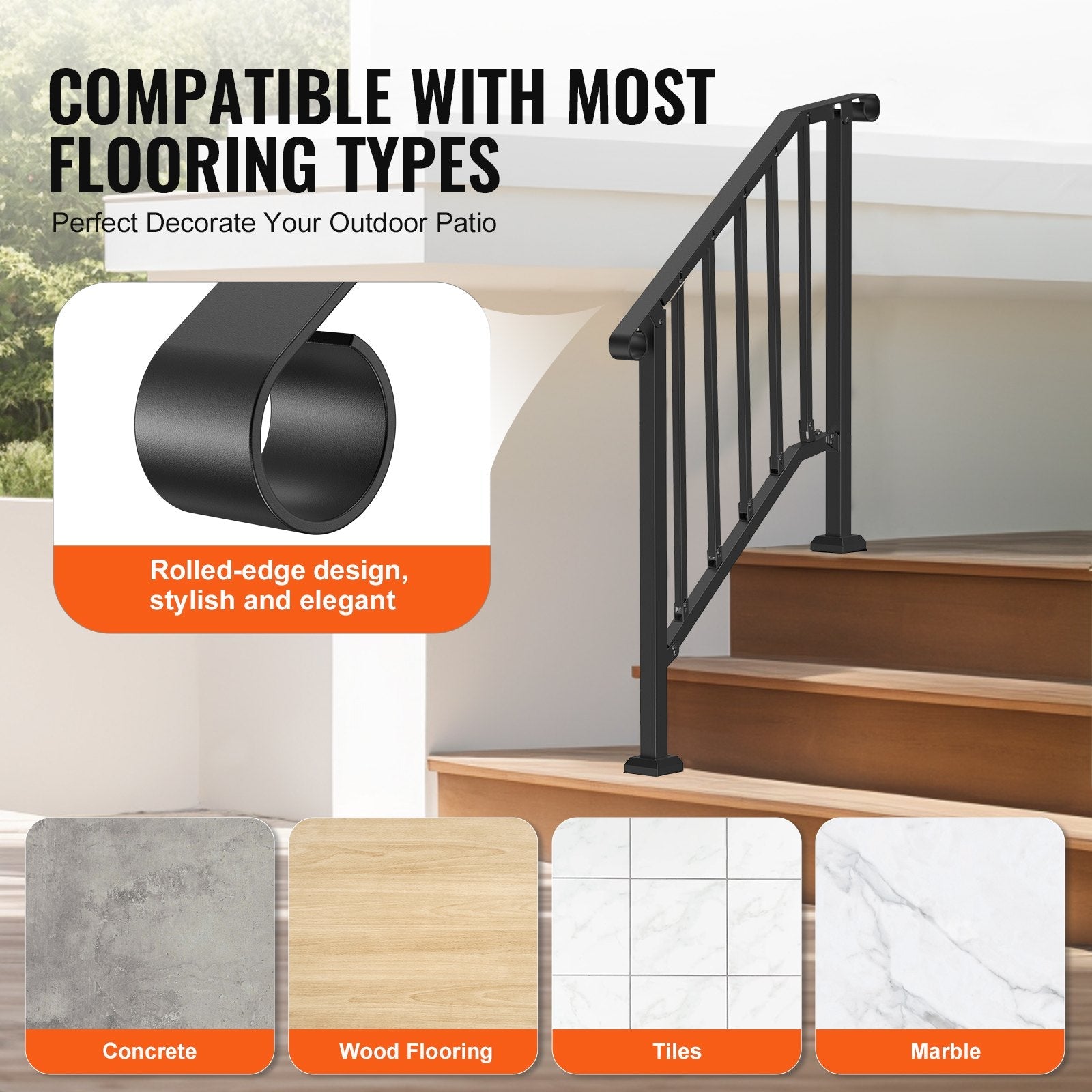 VEVOR 2-3 Step Handrails for Outdoor for Seniors Porch Deck Black Retro Arch 
