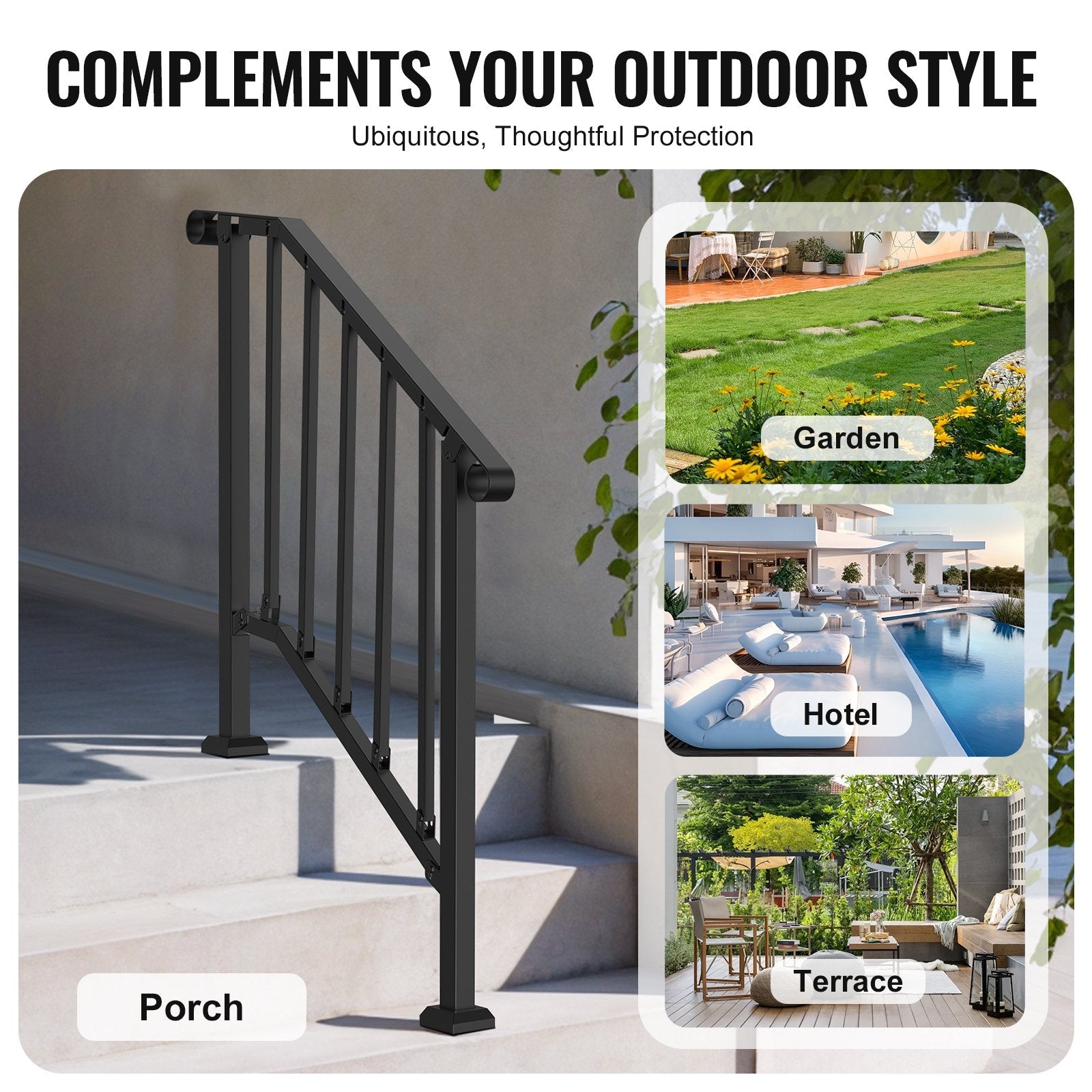 VEVOR 2-3 Step Handrails for Outdoor for Seniors Porch Deck Black Retro Arch 