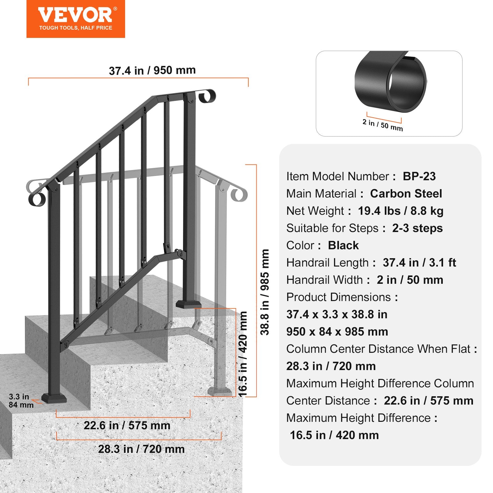 VEVOR 2-3 Step Handrails for Outdoor for Seniors Porch Deck Black Retro Arch 