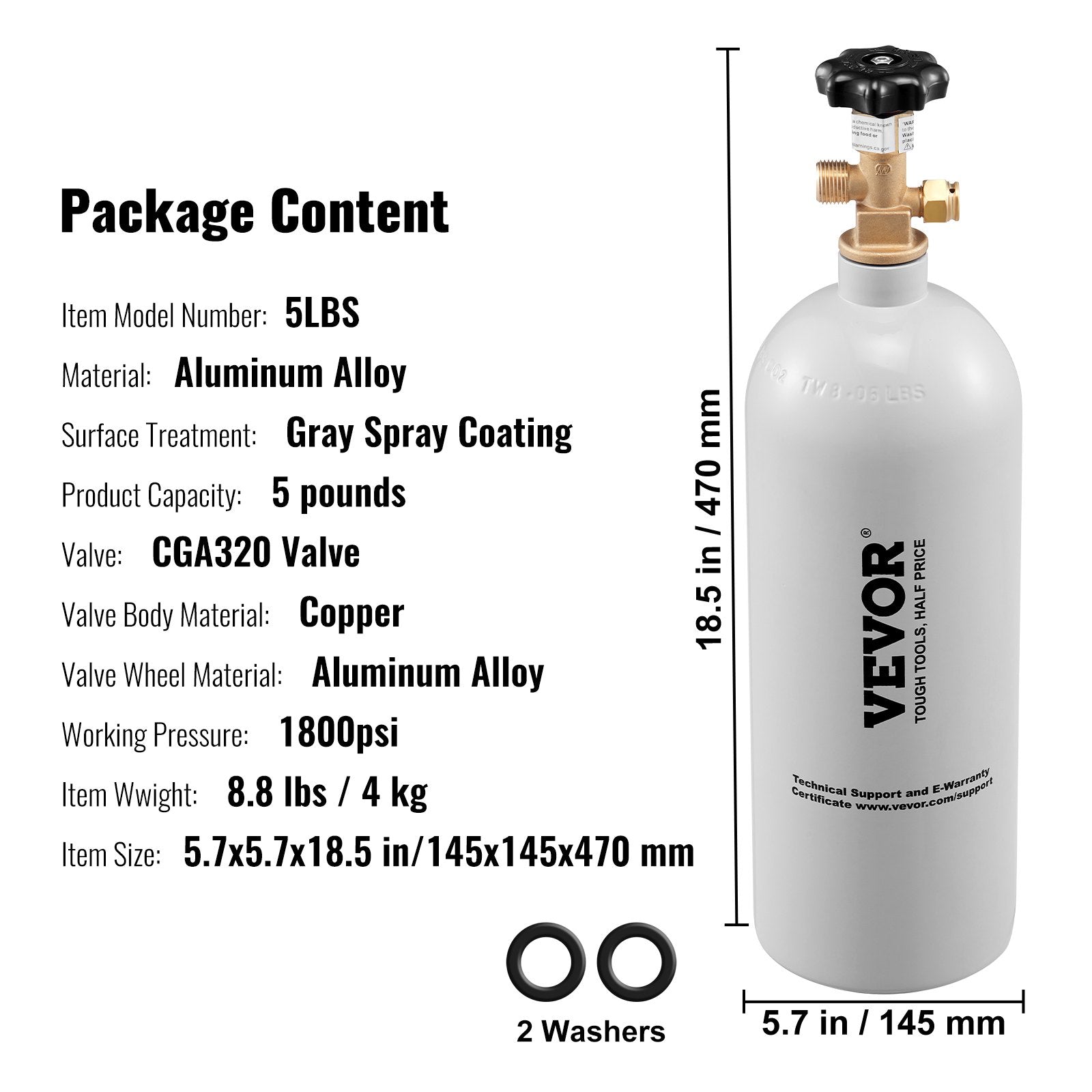 VEVOR 5 Lbs CO2 Tank Aluminum Gas Cylinder, Brand New CO2 Cylinder with Gray Spray Coating, CO2 Air Tank with CGA320 Valve, For Dispensing Draft Soda Beer 