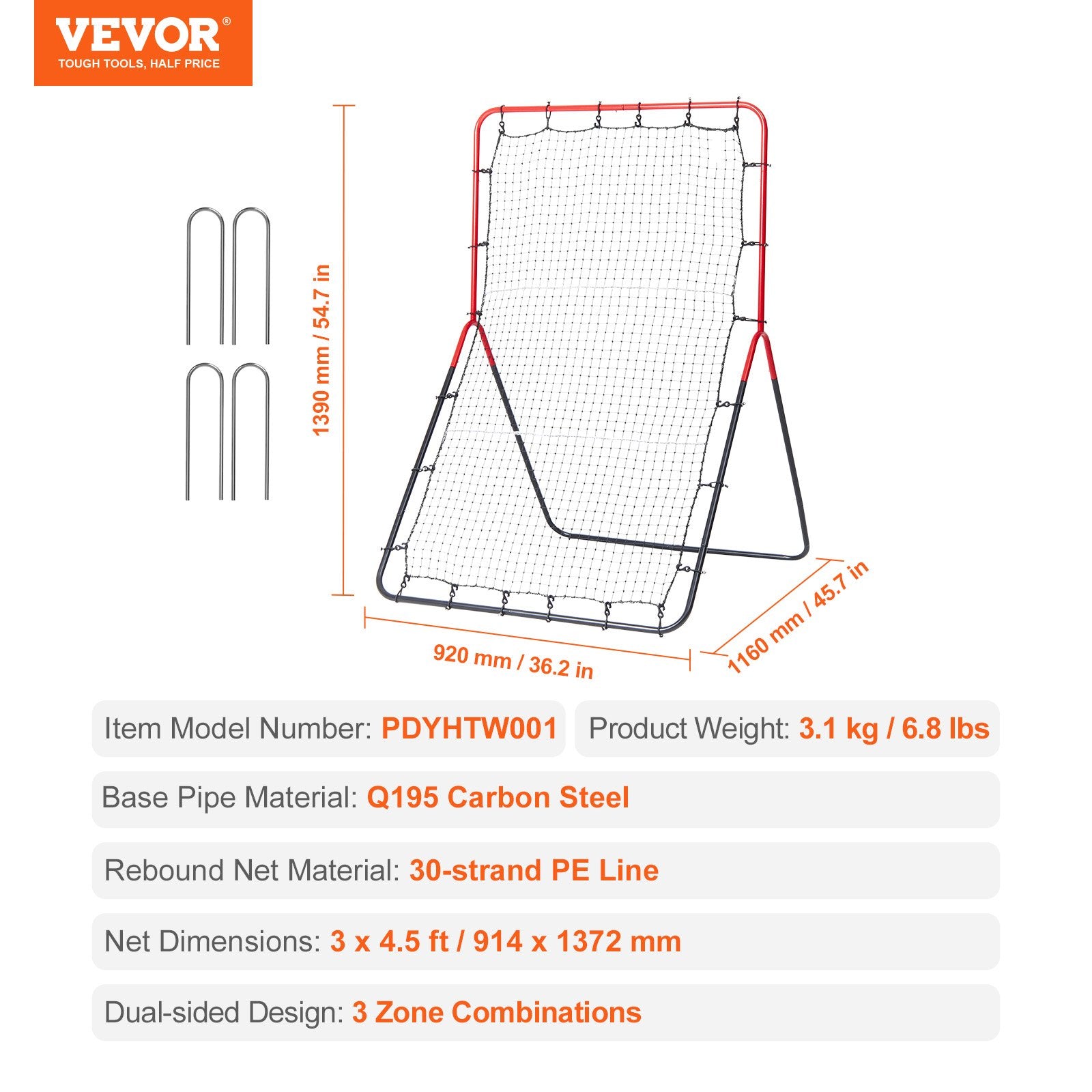 VEVOR Baseball And Softball Rebounder Net 3x4.5 ft PitchBack 3-Way Trainer 
