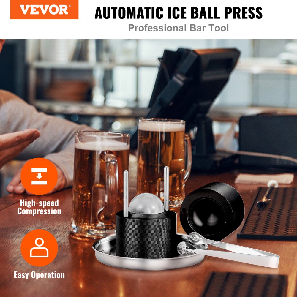 VEVOR Ice Ball Press, 2.4\" Ice Ball Maker, Aircraft Al Alloy Ice Ball Press Kit for 60mm Ice Sphere, Ice Press with Tong and Drip Tray, for Whiskey, Cocktail, Bourbon, Scot on Party & Holiday, Black 