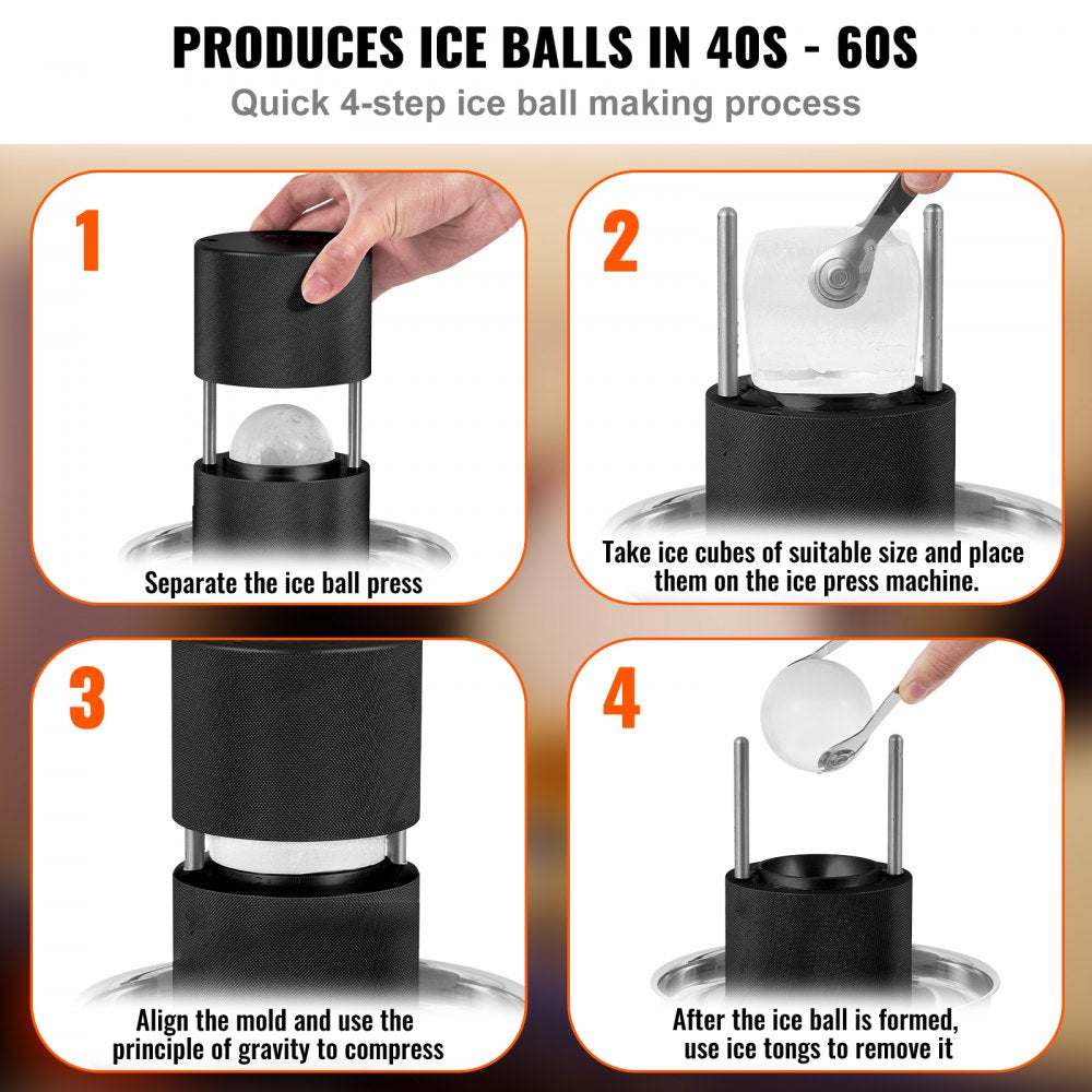 VEVOR Ice Ball Press, 2.4\" Ice Ball Maker, Aircraft Al Alloy Ice Ball Press Kit for 60mm Ice Sphere, Ice Press with Tong and Drip Tray, for Whiskey, Cocktail, Bourbon, Scot on Party & Holiday, Black 
