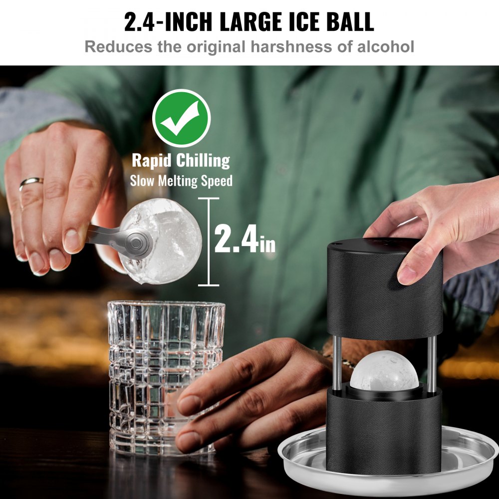 VEVOR Ice Ball Press, 2.4\" Ice Ball Maker, Aircraft Al Alloy Ice Ball Press Kit for 60mm Ice Sphere, Ice Press with Tong and Drip Tray, for Whiskey, Cocktail, Bourbon, Scot on Party & Holiday, Black 