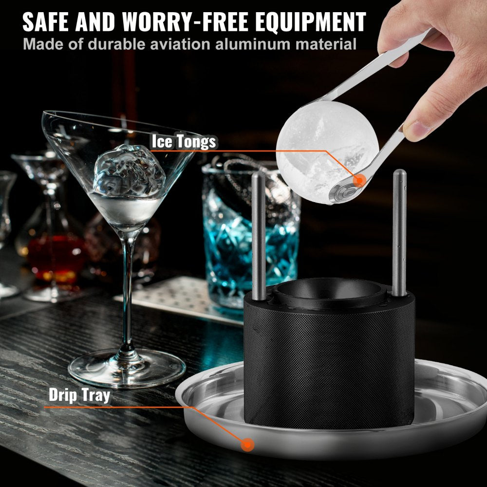 VEVOR Ice Ball Press, 2.4\" Ice Ball Maker, Aircraft Al Alloy Ice Ball Press Kit for 60mm Ice Sphere, Ice Press with Tong and Drip Tray, for Whiskey, Cocktail, Bourbon, Scot on Party & Holiday, Black 