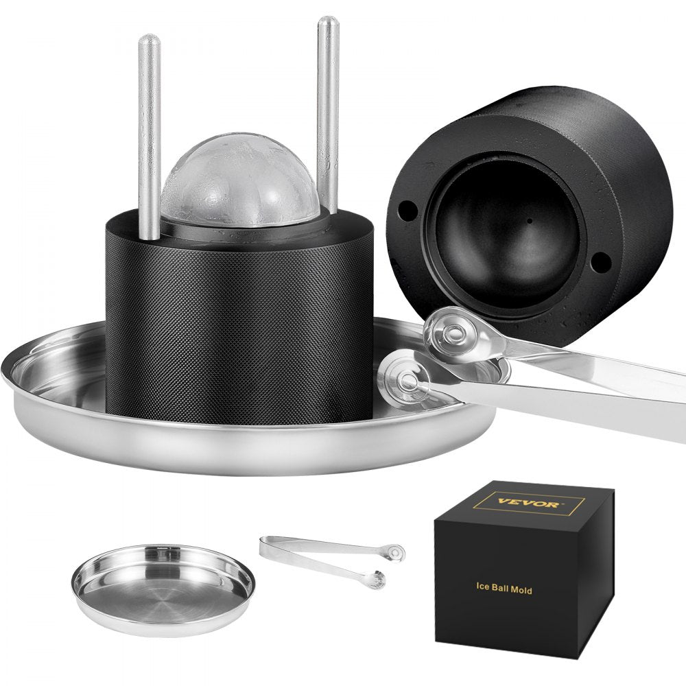 VEVOR Ice Ball Press, 2.4\" Ice Ball Maker, Aircraft Al Alloy Ice Ball Press Kit for 60mm Ice Sphere, Ice Press with Tong and Drip Tray, for Whiskey, Cocktail, Bourbon, Scot on Party & Holiday, Black 