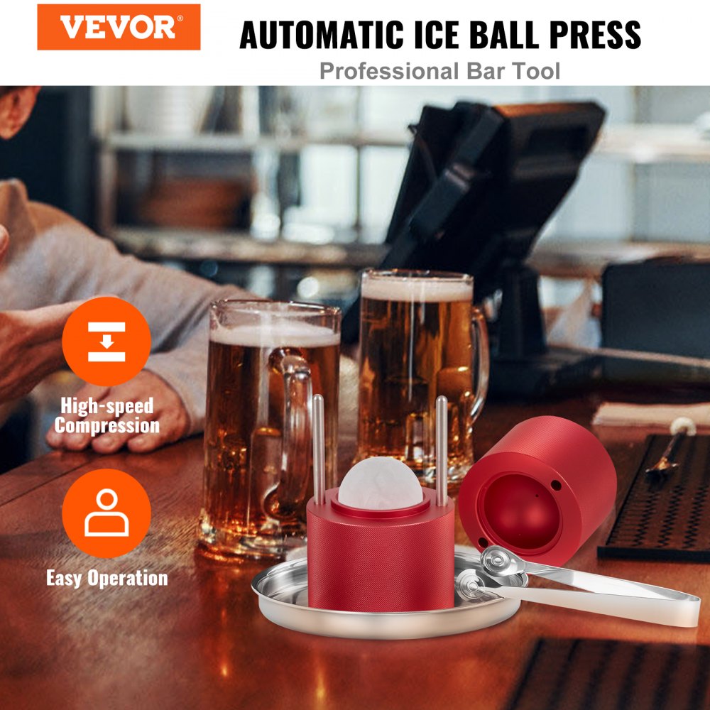 VEVOR Ice Ball Press, 2.4\" Ice Ball Maker, Aircraft Al Alloy Ice Ball Press Kit for 60mm Ice Sphere, Ice Press with Tong and Drip Tray, for Whiskey, Cocktail, Bourbon, Scot on Party & Holiday, Red 
