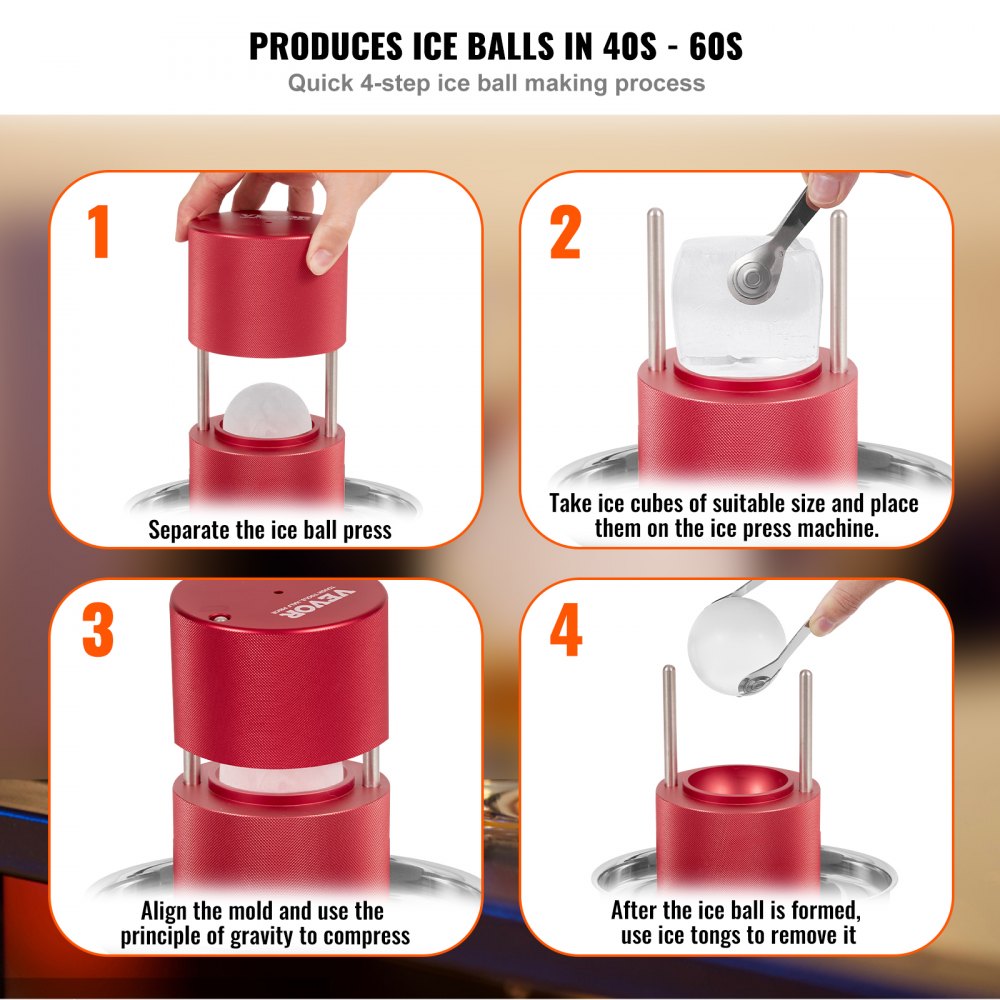 VEVOR Ice Ball Press, 2.4\" Ice Ball Maker, Aircraft Al Alloy Ice Ball Press Kit for 60mm Ice Sphere, Ice Press with Tong and Drip Tray, for Whiskey, Cocktail, Bourbon, Scot on Party & Holiday, Red 