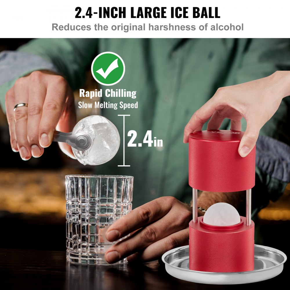 VEVOR Ice Ball Press, 2.4\" Ice Ball Maker, Aircraft Al Alloy Ice Ball Press Kit for 60mm Ice Sphere, Ice Press with Tong and Drip Tray, for Whiskey, Cocktail, Bourbon, Scot on Party & Holiday, Red 