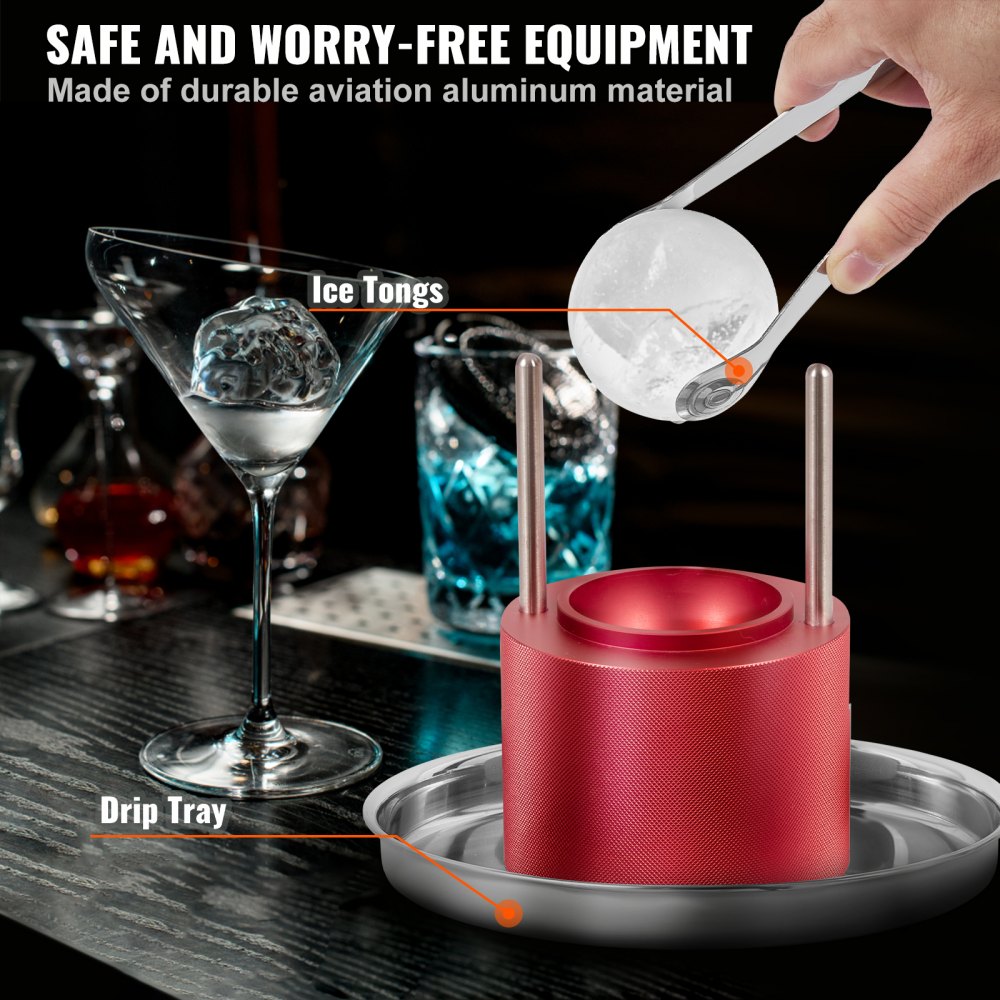 VEVOR Ice Ball Press, 2.4\" Ice Ball Maker, Aircraft Al Alloy Ice Ball Press Kit for 60mm Ice Sphere, Ice Press with Tong and Drip Tray, for Whiskey, Cocktail, Bourbon, Scot on Party & Holiday, Red 