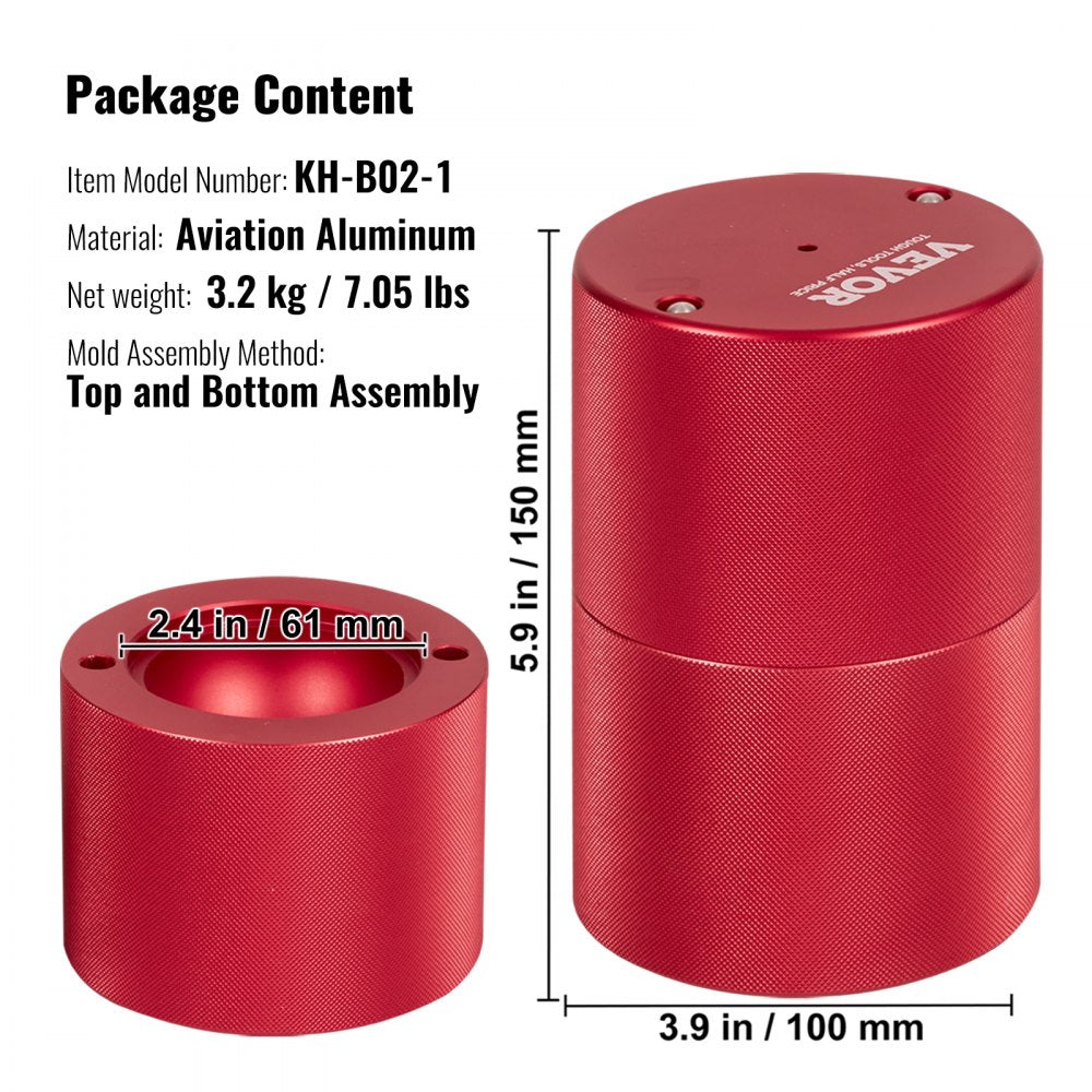 VEVOR Ice Ball Press, 2.4\" Ice Ball Maker, Aircraft Al Alloy Ice Ball Press Kit for 60mm Ice Sphere, Ice Press with Tong and Drip Tray, for Whiskey, Cocktail, Bourbon, Scot on Party & Holiday, Red 