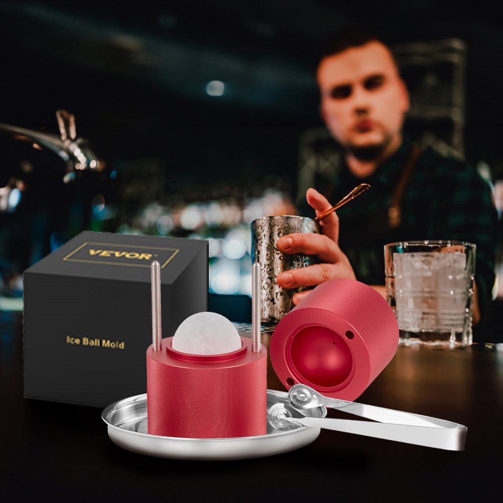 VEVOR Ice Ball Press, 2.4\" Ice Ball Maker, Aircraft Al Alloy Ice Ball Press Kit for 60mm Ice Sphere, Ice Press with Tong and Drip Tray, for Whiskey, Cocktail, Bourbon, Scot on Party & Holiday, Red 